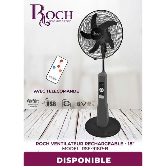 Image de ROCH VENTILATEUR RECHARGEABLE 18" RSF-918R-B Autonomie de 7h + Télécommande + Veilleuse